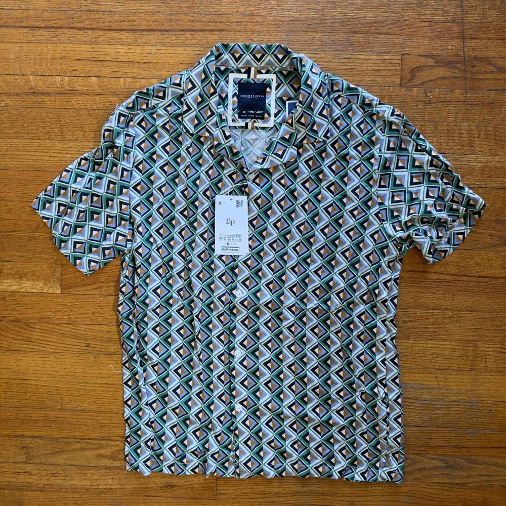 New Denim & Flower Ricky Singh Geometric Print Camp Shirt Short Sleeve M‎